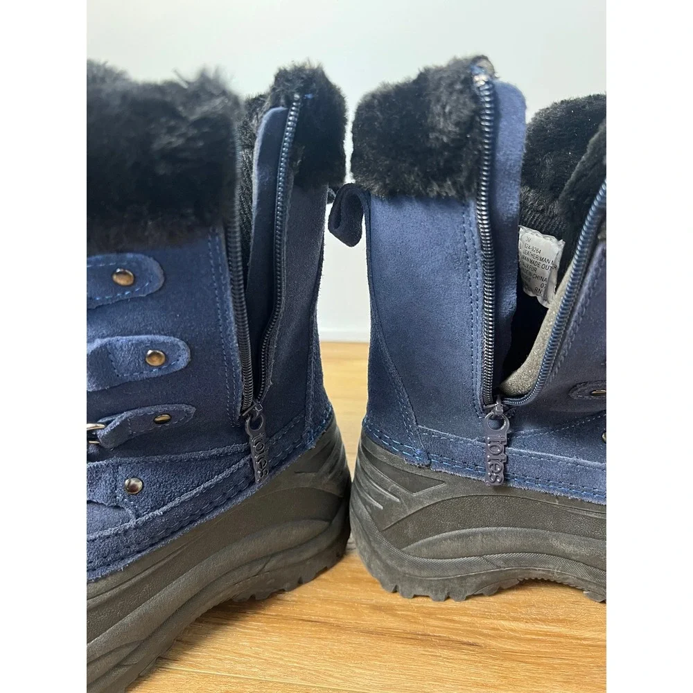 Totes Liam Snow Boots Kids 3 Navy Blue Suede Faux Fur Lined Waterproof Winter